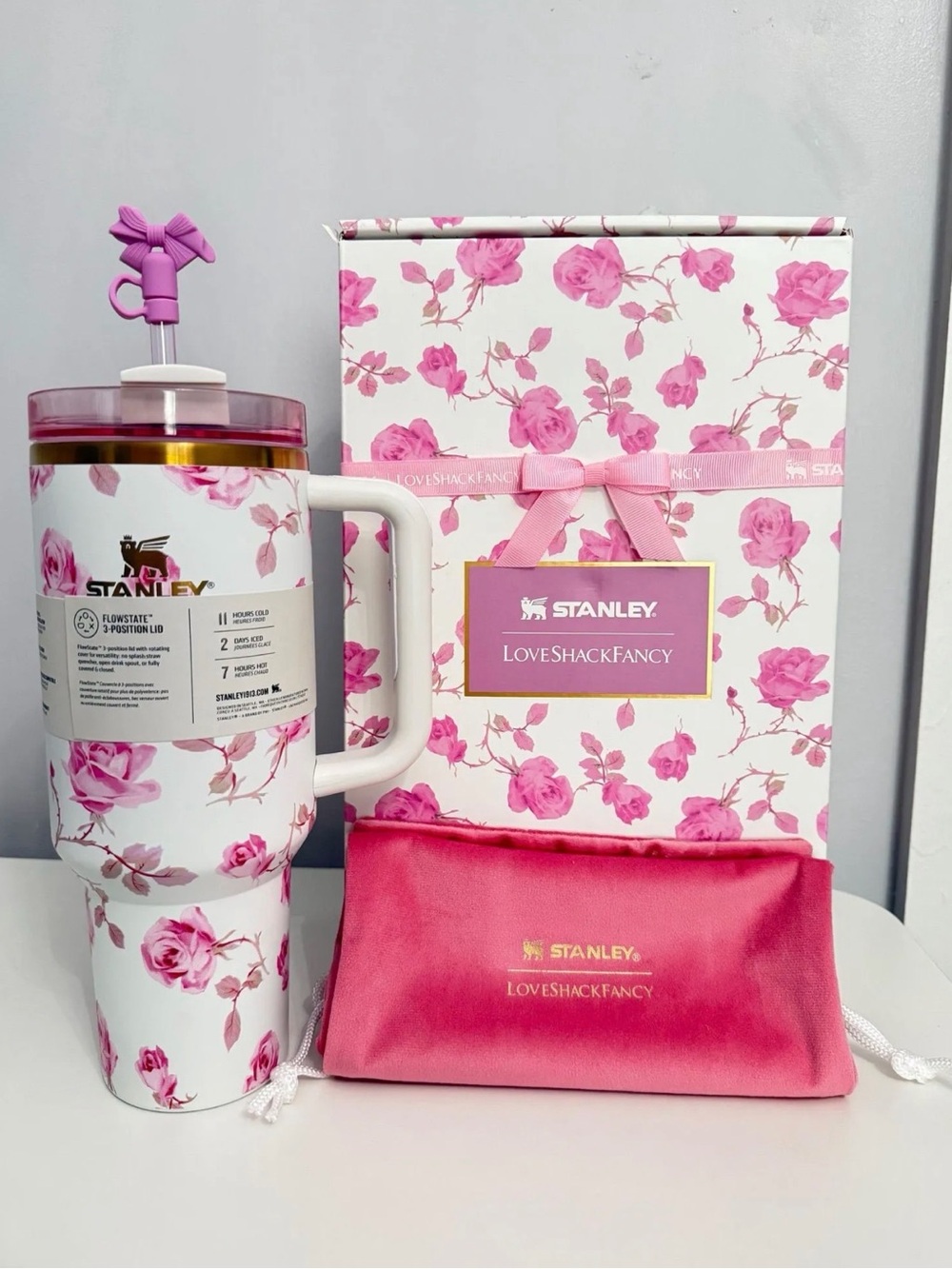 LoveShackFancy Stanley Pink and White Floral Travel Tumbler Gift Set